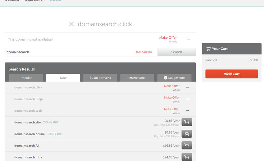 Namecheap domain name search interface